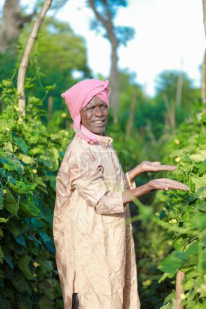 Foto de Agricultura india Feliz granjero indio de pie en la granja, sembrando Manos Vacías - Imagen libre de derechos