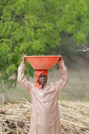 Foto de Granjero indio cargando la cesta sobre su cabeza, granjero feliz, campesino pobre - Imagen libre de derechos
