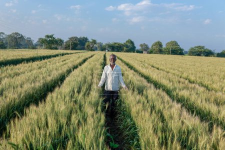 Indischer Bauer steht auf Weizenfeld, Glücklicher Bauer
