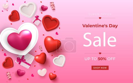Cartel de la venta del día de San Valentín o pancarta con regalo dulce, corazón dulce y artículos encantadores en rosa
