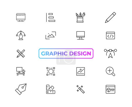 Téléchargez les illustrations : Set of thin line icons of graphic design. Simple linear icons in a modern style flat, Creative Process. Graphic design, creative package, stationary, software and more simple UI, UX vector icon - en licence libre de droit