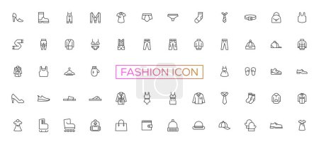 Illustration for Clothes, Fashion Line Icons. Vector Illustration Included Icon as Jacket, Winter Coat, Sweatshirt, Dress, Hoody, Jeans, Hanger and other Apparel Flat Pictogram for Cloth Store - Royalty Free Image