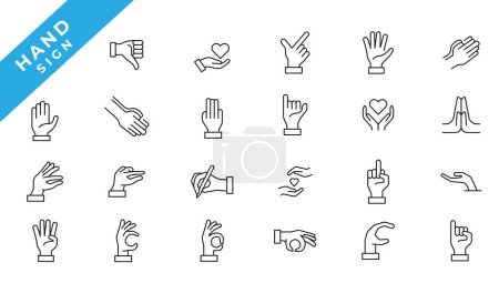 Illustration for Hand gestures line icon set. Included icons as fingers interaction, pinky swear, forefinger point, greeting, pinch, hand washing and more. - Royalty Free Image