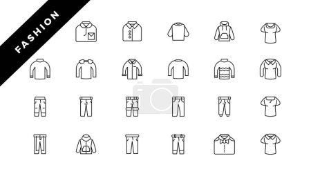 Illustration for Clothes icon set on white background, outline icon for fashion and cloth. line icon set. - Royalty Free Image