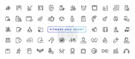 Téléchargez les illustrations : Sport et fitness - ensemble minimal d'icônes en ligne mince. Aperçu de la collection d'icônes. Illustration vectorielle simple - en licence libre de droit