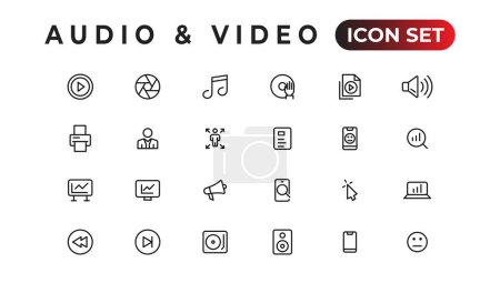 Téléchargez les illustrations : Pack d'icônes audio vidéo. Icônes de ligne mince ensemble. Ensemble de collection d'icônes plates. Icône vectorielle simple - en licence libre de droit