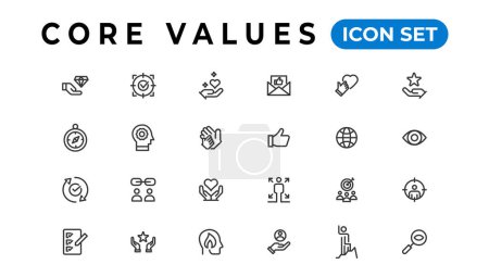 Colección de banners de iconos de valor central. Contiene innovación, objetivos, responsabilidad, integridad, clientes, compromiso, calidad, trabajo en equipo, fiabilidad e inclusión. Vector colección sólida de iconos