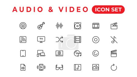 Ilustración de Audio Video Iconos Pack. Conjunto de iconos de línea delgada. Set de colección de iconos planos. Icono de vector simple - Imagen libre de derechos