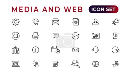 Illustration for Media and Web icons in line style.Data analytics,Digitalmarketing, Management, Message, Phone. Vector illustration - Royalty Free Image