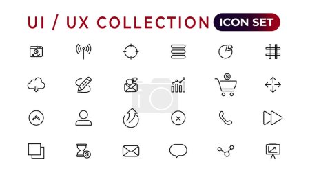 Ilustración de Mega conjunto de conjunto de iconos ui ux, colección de iconos de interfaz de usuario. Conjunto de conjunto de iconos web de línea delgada, colección de iconos de esquema simple, iconos Pixel Perfect, ilustración de vector simple - Imagen libre de derechos