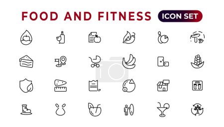 Illustration for Food and fitness linear icons collection.Set of thin line web icon set, simple outline icons collection, Pixel Perfect icons, Simple vector illustration - Royalty Free Image
