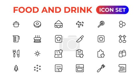 Téléchargez les illustrations : Icônes de nourriture et boissons. icônes remplies telles que l'eau potable, feuille de pomme, pack, pack cuisine, barbecue, feuille de framboise, chaudière, bouteille de vin et verre - en licence libre de droit
