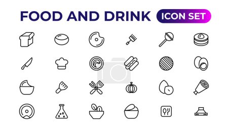 Ilustración de Iconos de comida y bebida. iconos llenos como agua de bebida, hoja de manzana, paquete, paquete de cocina, parrilla barbacoa, hoja de frambuesa, caldera, botella de vino y vidrio - Imagen libre de derechos