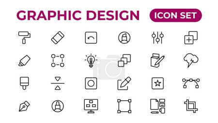 Illustration for Thin line icons of graphic design. Simple linear icons in a modern style flat, Creative Process. Graphic design, creative package - Royalty Free Image