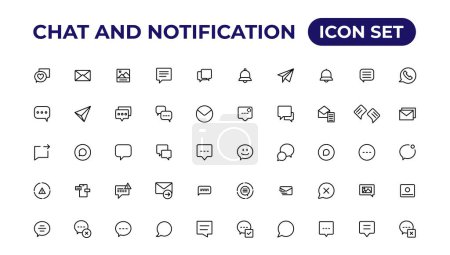 Téléchargez les illustrations : Chat et ligne de notification icônes collection. Bell, message, comme, rappel, icônes des appareils. - en licence libre de droit