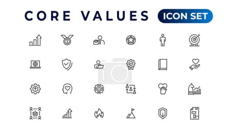 Illustration for Core value icon banner collection. Containing innovation, goals, responsibility, integrity, customers, commitment, quality, teamwork, reliability and inclusion. Vector solid collection of icons - Royalty Free Image