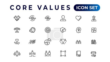 Illustration for Core value icon banner collection. Containing innovation, goals, responsibility, integrity, customers, commitment, quality, teamwork, reliability and inclusion. Vector solid collection of icons - Royalty Free Image