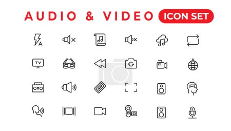 Téléchargez les illustrations : Pack d'icônes audio vidéo. Icônes de ligne mince ensemble. Ensemble de collection d'icônes plates. Icône vectorielle simple - en licence libre de droit