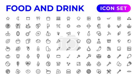 Ilustración de Iconos de comida y bebida. iconos llenos como agua de bebida, hoja de manzana, paquete, paquete de cocina, parrilla barbacoa, hoja de frambuesa, caldera, botella de vino y vidrio - Imagen libre de derechos