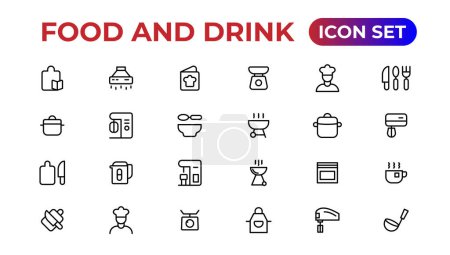 Téléchargez les illustrations : Icônes de nourriture et boissons. icônes remplies telles que l'eau potable, feuille de pomme, pack, pack cuisine, barbecue, feuille de framboise, chaudière, bouteille de vin et verre - en licence libre de droit