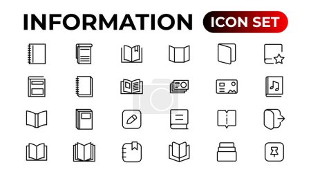 Ilustración de Información simple iconos de línea delgada mínima.Conjunto de iconos de línea de folleto. Folleto, catálogo, folleto, revista, membrete, libro abierto y otros - Imagen libre de derechos