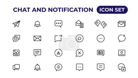 Téléchargez les illustrations : Chat et ligne de notification icônes collection. Bell, message, comme, rappel, icônes des appareils. - en licence libre de droit
