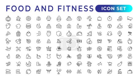 Téléchargez les illustrations : Ensemble d'icônes linéaires pour alimentation et fitness Ensemble d'icônes web à ligne fine, collection d'icônes de contour simples, icônes Pixel Perfect, Illustration vectorielle simple - en licence libre de droit