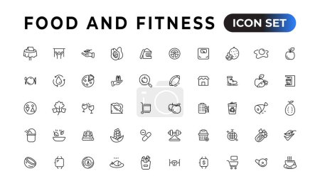 Téléchargez les illustrations : Ensemble d'icônes linéaires pour alimentation et fitness Ensemble d'icônes web à ligne fine, collection d'icônes de contour simples, icônes Pixel Perfect, Illustration vectorielle simple - en licence libre de droit