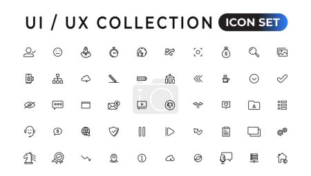 Ilustración de Mega conjunto de conjunto de iconos ui ux, colección de iconos de interfaz de usuario. Conjunto de conjunto de iconos web de línea delgada, colección de iconos de esquema simple, iconos Pixel Perfect, ilustración de vector simple - Imagen libre de derechos