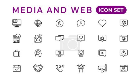 Illustration for Media and Web icons in line style.Data analytics,Digitalmarketing, Management, Message, Phone. Vector illustration - Royalty Free Image