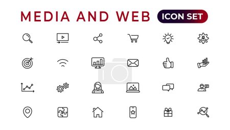 Ilustración de Medios de comunicación e iconos web en estilo línea.Análisis de datos, Digitalmarketing, Gestión, Mensaje, Teléfono. Ilustración vectorial - Imagen libre de derechos