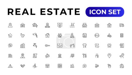 Téléchargez les illustrations : Immobilier ligne mince minimale jeu d'icônes web. Inclus les icônes comme l'immobilier, la propriété, l'hypothèque, le prêt à domicile et plus encore. Collection d'icônes contour. - en licence libre de droit