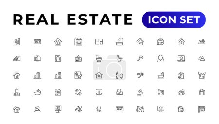 Ilustración de Real Estate mínimo conjunto de iconos web de línea delgada. Incluido los iconos como bienes raíces, propiedad, hipoteca, préstamo hipotecario y más. Esquema de la colección de iconos. - Imagen libre de derechos