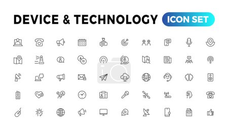Ilustración de Colección de iconos de línea de dispositivos y tecnología de la información. Icono de interfaz de usuario grande en un diseño plano. Paquete de iconos de contorno delgado - Imagen libre de derechos