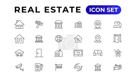 Illustration for Real Estate minimal thin line web icon set. Included the icons as realty, property, mortgage, home loan and more. Outline icons collection. - Royalty Free Image