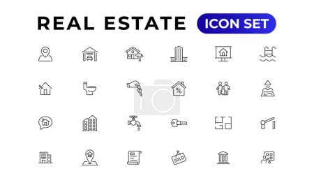 Ilustración de Real Estate mínimo conjunto de iconos web de línea delgada. Incluido los iconos como bienes raíces, propiedad, hipoteca, préstamo hipotecario y más. Esquema de la colección de iconos. - Imagen libre de derechos
