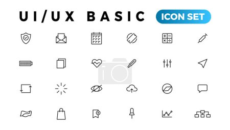 Ilustración de Conjunto esencial de interfaz de usuario básica. ui / ux Iconos de esquema de línea. Para App, Web, Imprimir. Carrera Editable. - Imagen libre de derechos