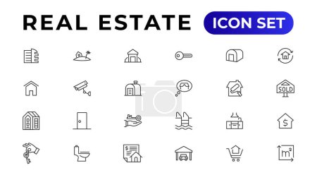 Téléchargez les illustrations : Immobilier ligne mince minimale jeu d'icônes web. Inclus les icônes comme l'immobilier, la propriété, l'hypothèque, le prêt à domicile et plus encore. Collection d'icônes contour. - en licence libre de droit