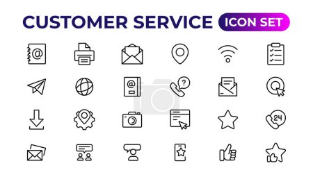 Ilustración de Conjunto de iconos de servicio al cliente. Contiene iconos satisfechos con el cliente, asistencia, experiencia, retroalimentación, operador y soporte técnico. - Imagen libre de derechos