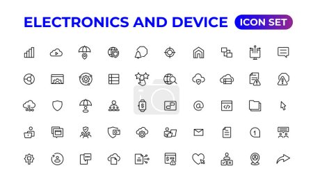 Illustration for Electronics and device lines icon set. Electronic devices and gadgets, computer, equipment and electronics. Computer monitor, smartphone, tablet and laptop sumbol collection - Royalty Free Image