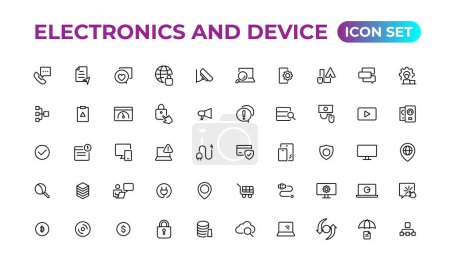 Illustration for Electronics and device lines icon set. Electronic devices and gadgets, computer, equipment and electronics. Computer monitor, smartphone, tablet and laptop sumbol collection - Royalty Free Image