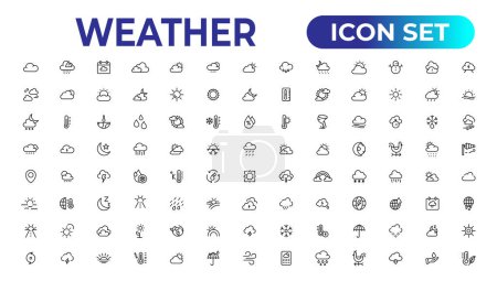Téléchargez les illustrations : Weather icons. Weather forecast icon set. Clouds logo. Weather , clouds, sunny day, moon, snowflakes, wind, sun day. Vector illustration - en licence libre de droit
