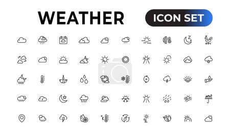 Ilustración de Weather icons. Weather forecast icon set. Clouds logo. Weather , clouds, sunny day, moon, snowflakes, wind, sun day. Vector illustration - Imagen libre de derechos