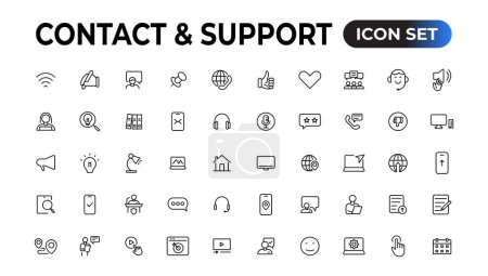 Ilustración de Contacta y apoya los iconos web en estilo de línea. Icono web y móvil. Chat, soporte, mensaje, teléfono. Ilustración vectorial - Imagen libre de derechos