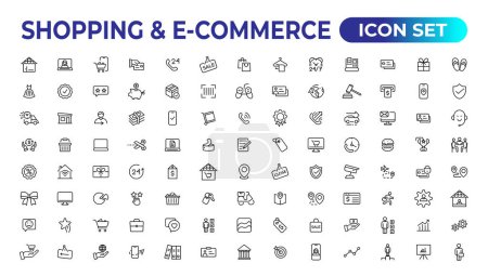Illustration for Shopping web icons in line style. Mobile Shop, Digital marketing, Bank Card, Gifts. Vector illustration - Royalty Free Image