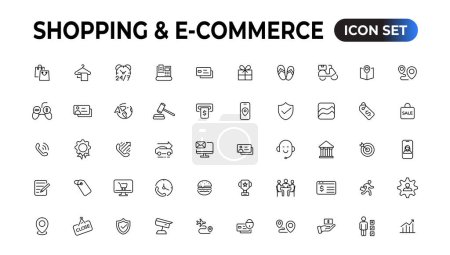 Illustration for Shopping web icons in line style. Mobile Shop, Digital marketing, Bank Card, Gifts. Vector illustration - Royalty Free Image