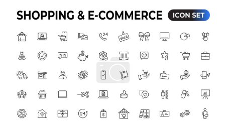 Ilustración de Iconos web de compras en estilo de línea. Tienda móvil, Marketing digital, Tarjeta bancaria, Regalos. Ilustración vectorial - Imagen libre de derechos
