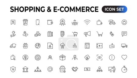 Ilustración de Iconos web de compras en estilo de línea. Tienda móvil, Marketing digital, Tarjeta bancaria, Regalos. Ilustración vectorial - Imagen libre de derechos