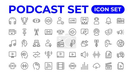 Ilustración de Podcast colección de iconos. Que contiene audio, micrófono, grabación, podcasting, Broadcasting.Outline colección de iconos - Imagen libre de derechos