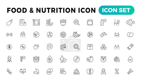 Illustration for Nutrition, Healthy food and Detox Diet Vector Icons. Contains such Icons as Metabolism, Caunt Calories, Palm oil free, Zero thans fat, Probiotics and more. Simple Outline icons set - Royalty Free Image